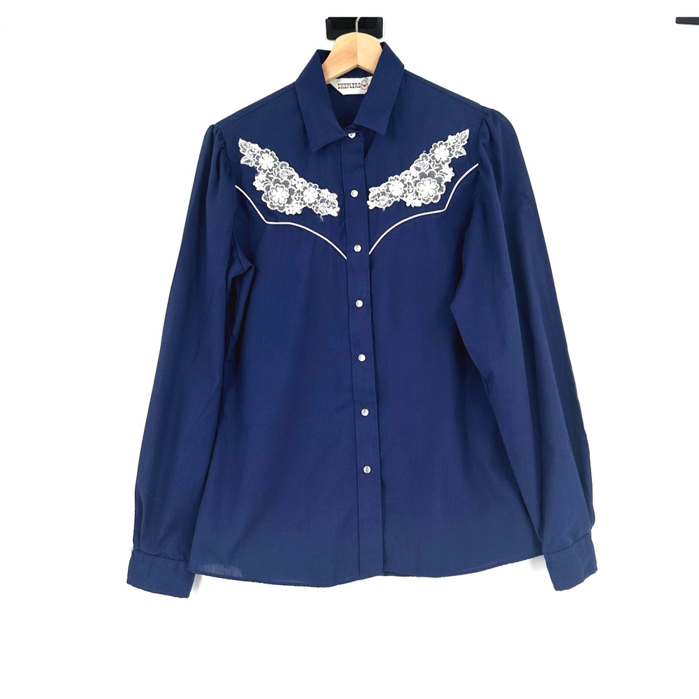 VTG Sheplers Western Button Up Shirt Womens 12 Lace Appliqué Yoke Cowgirl Rodeo
